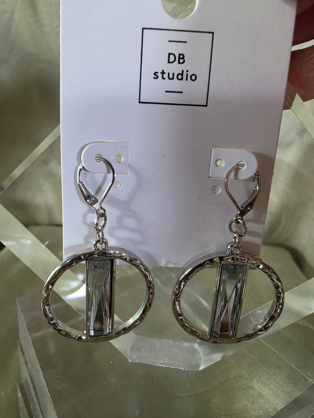 #1175 DB Studio Silver Hoop Drop Earrings with Clear Crystal